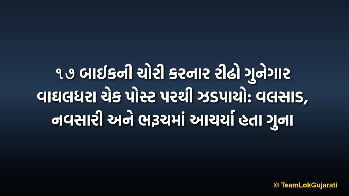 ૧૭ બાઈકની ચોરી કરનાર રીઢો ગુનેગાર વાઘલધરા ચેક પોસ્ટ પરથી ઝડપાયો: વલસાડ, નવસારી અને ભરૂચમાં આચર્યા હતા ગુના | Notorious Bike Thief Arrested At Vaghaladhara Check Post: 17 Bikes Stolen From Valsad Navsari and Bharuch