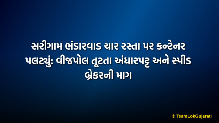 સરીગામ ભંડારવાડ ચાર રસ્તા પર કન્ટેનર પલટ્યું: વીજપોલ તૂટતા અંધારપટ્ટ અને સ્પીડ બ્રેકરની માગ | Sarigam GIDC Container Accident: Power Supply Disrupted After Truck Hits Electricity Pole