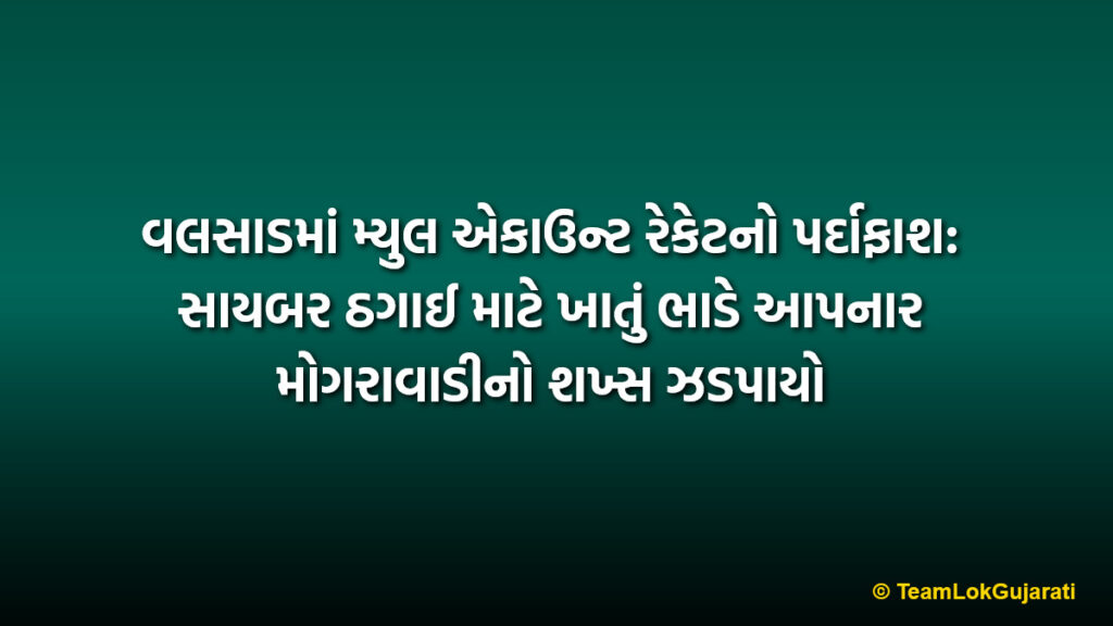 વલસાડમાં મ્યુલ એકાઉન્ટ રેકેટનો પર્દાફાશ: સાયબર ઠગાઈ માટે ખાતું ભાડે આપનાર મોગરાવાડીનો શખ્સ ઝડપાયો | Valsad Cyber Crime Police Arrests Man in 7.60 Lakh Mule Account Fraud Case