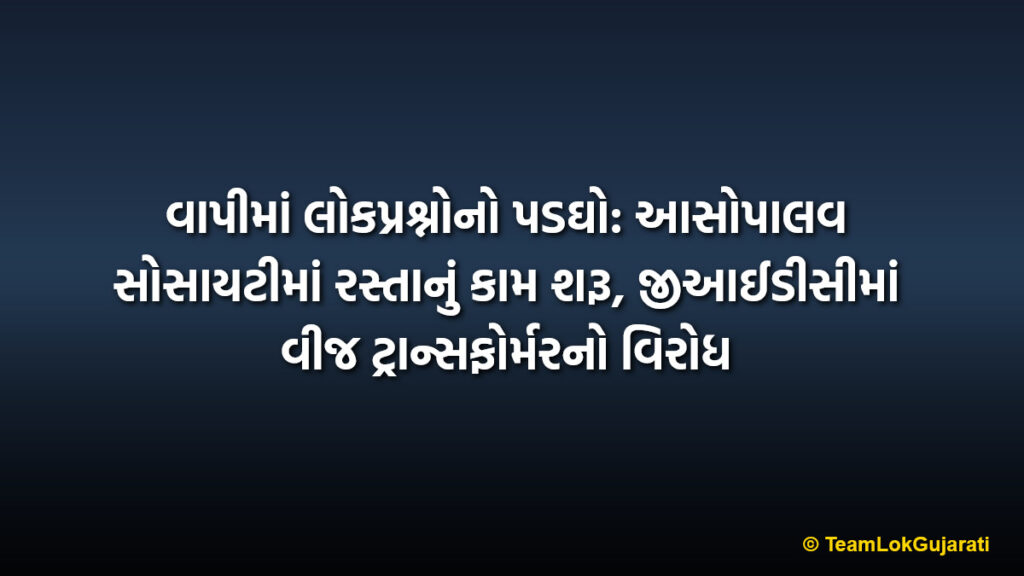 વાપીમાં લોકપ્રશ્નોનો પડઘો: આસોપાલવ સોસાયટીમાં રસ્તાનું કામ શરૂ, જીઆઈડીસીમાં વીજ ટ્રાન્સફોર્મરનો વિરોધ | Vapi Infrastructure Issues Update: VMC Starts Asopalav Society Road Work